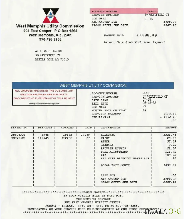 USA WEST MEMPHIS UTILITY COMMISSION utility bill Word and PDF template